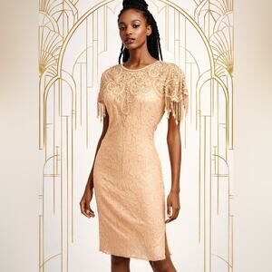 Vtg Lew Magram NY Beaded Silk Apricot Fringe Sleeve Cocktail Dress M Art Deco